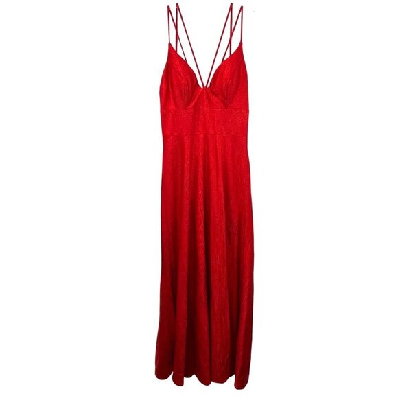 Abby Paris 90015 A-Line V-Neck Spaghetti Stap Long Prom Dress Red Shimmer 14 New - Picture 1 of 11